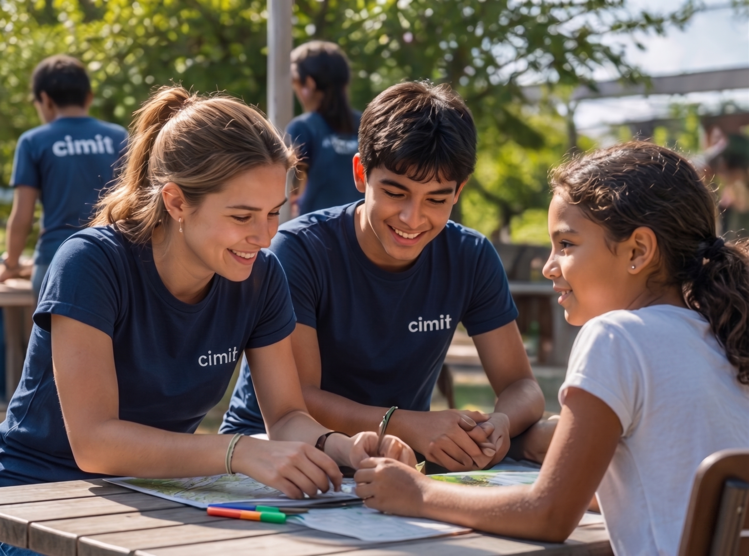Trois jeunes volontaires de CIMIT souriants préparant un projet de bénévolat éducatif.